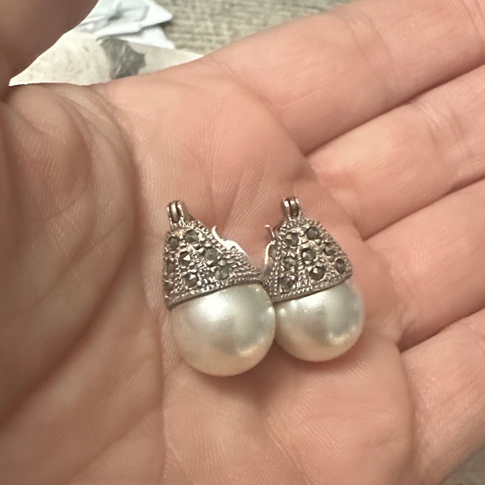 925 Marcasite and Faux Pearl Earrings
